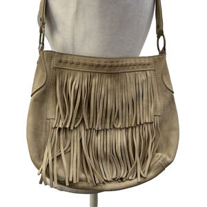 Guess Leather Suede Beige Tan Y2K Hobo Shoulder Fringe Top Zip HandBag Purse